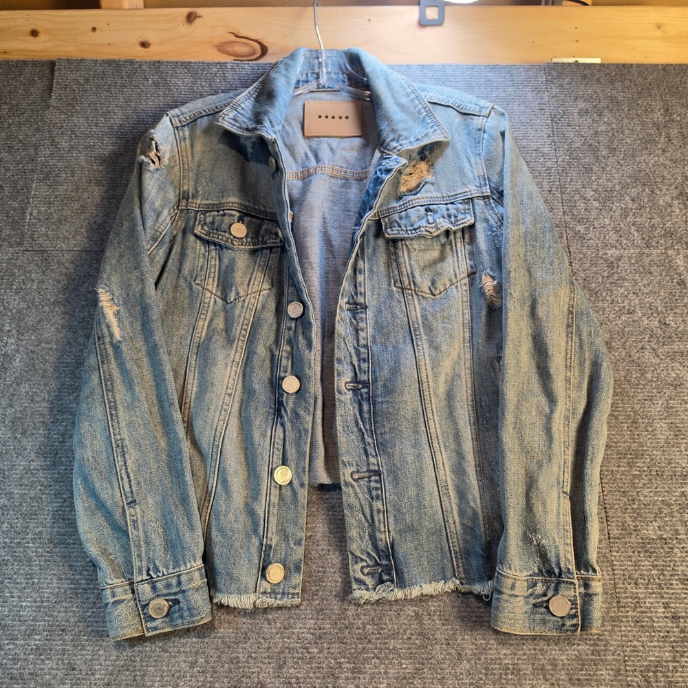 BLANKNYC Denim Jacket Women XS Light Blue Good Distressed Raw Hem Trucker